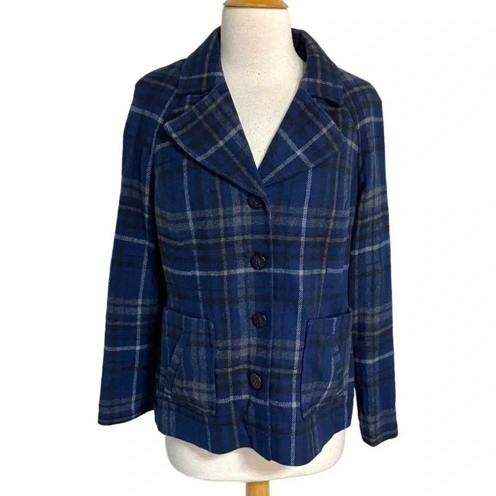 Relativity outerwear S trendy blue gray black plaid blazer jacket